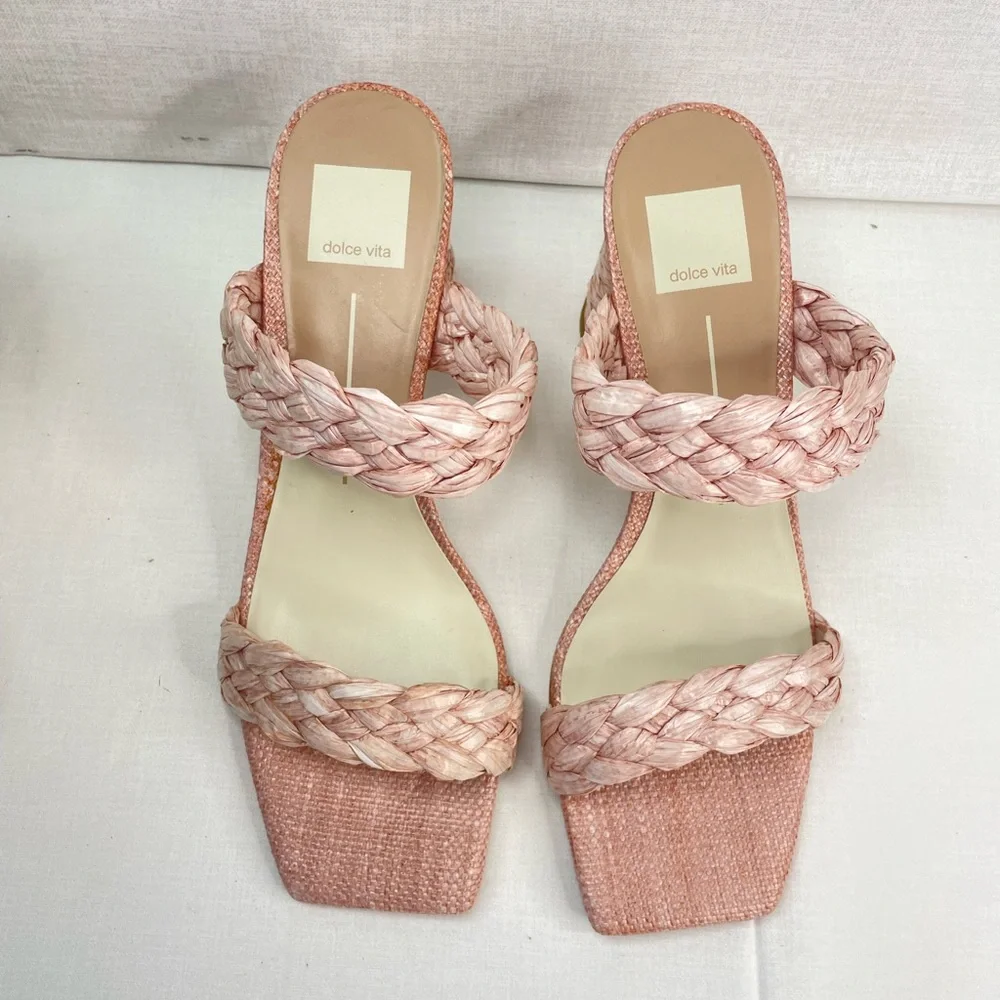 DOLCE VITA Paily Pink Raffia Straw Block Sandal Heels 9.5 ( G‎ 115)